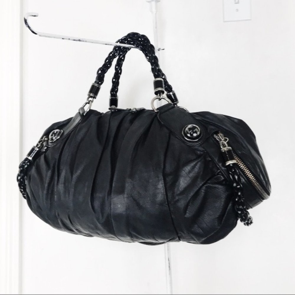 GUCCI Galaxy Two-Way Bag Black Leather Vintage Medium Satchel Purse Silver Chain - Picture 8 of 13